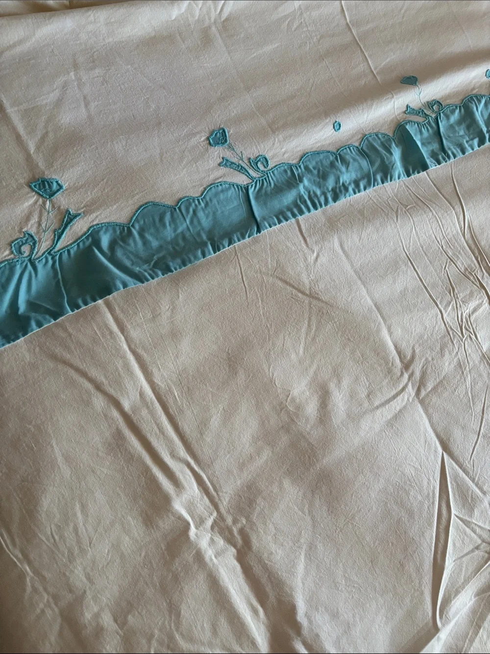 Vintage Hand Made Embroidered Cotton Queen Top Sheet, Teal & White